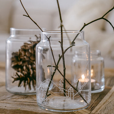 Eulenschnitt Glas Vase Schneelandschaft weiß groß