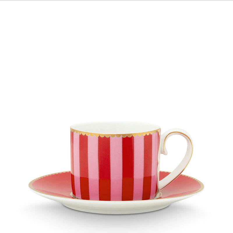 Pip Studio Espresso-Tasse mit Teller Love Birds Rot gestreift