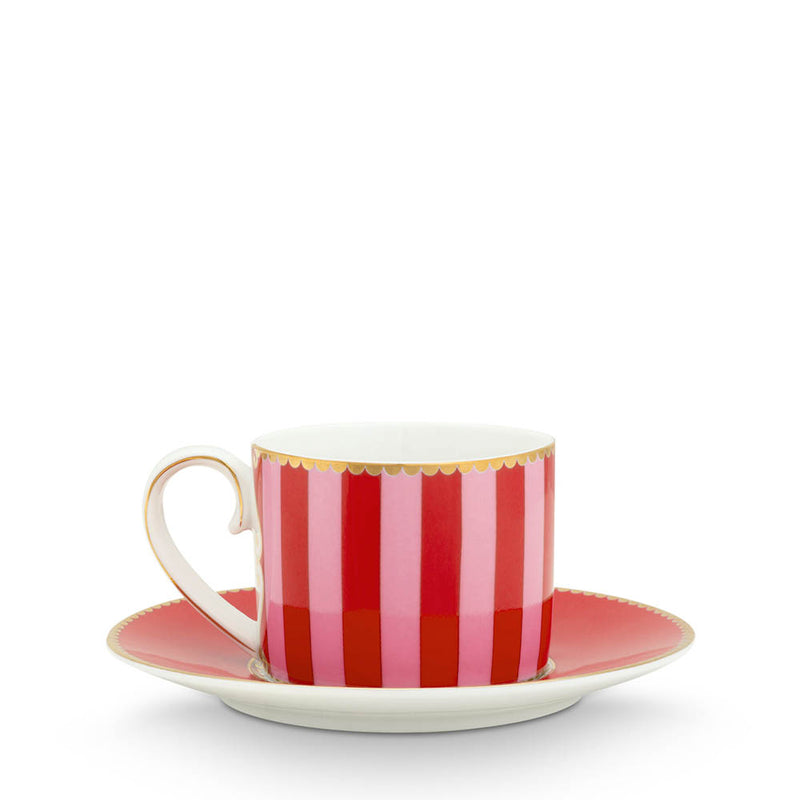 Pip Studio Espresso-Tasse mit Teller Love Birds Rot gestreift